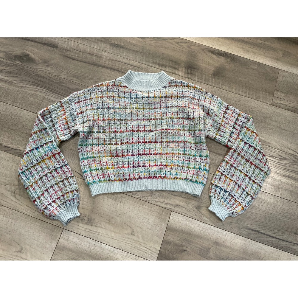 Debut Light Blue Multicolor Confetti Knit Cropped Mock Neck Sweater Small